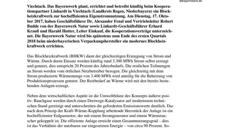 Verpackungshersteller Linhardt und Bayernwerk Natur unterzeichnen Verträge für Bau und Betrieb einer hocheffizienten KWK-Anlage