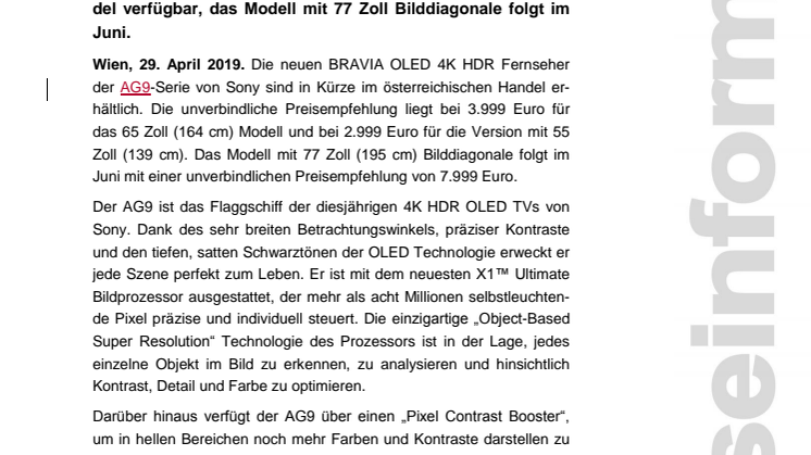 Premium OLED Fernseher der AG9 Serie von Sony in Kürze verfügbar