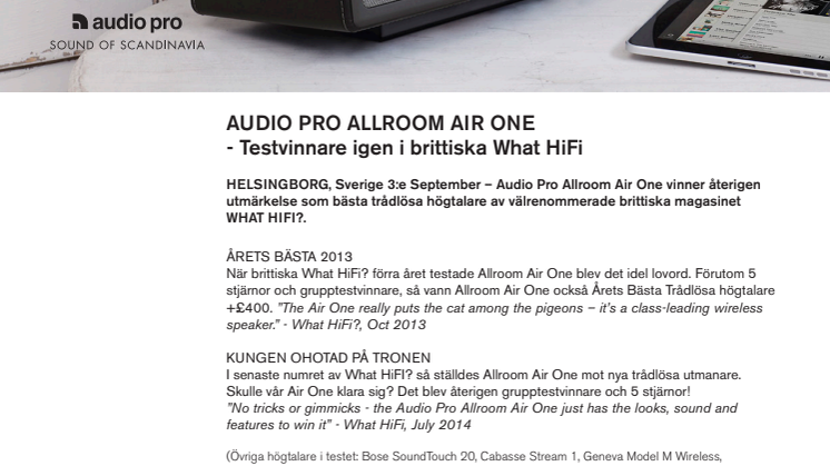 AUDIO PRO ALLROOM AIR ONE  - Testvinnare igen i brittiska What HiFi?!