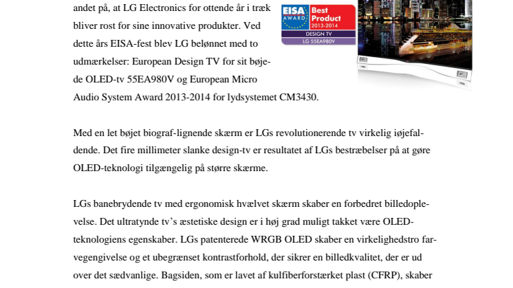 LGs BØJELIGE OLED-TV FÅR DESIGNPRIS VED EISA 2013