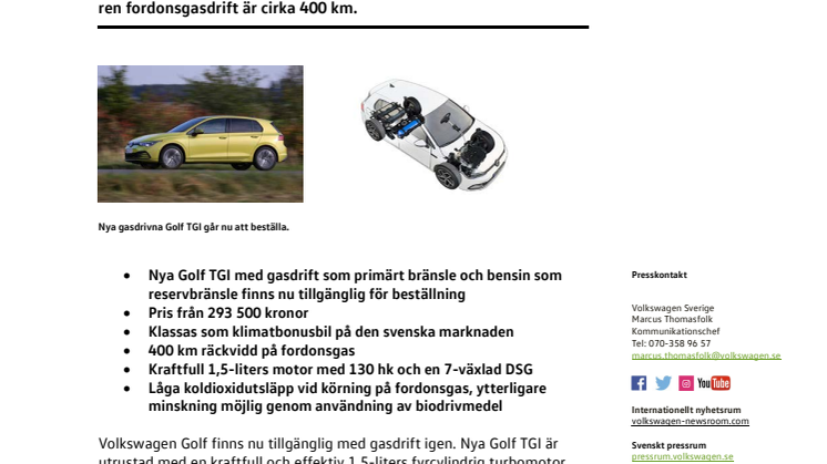 Gasdrivna Volkswagen Golf TGI öppen för beställning
