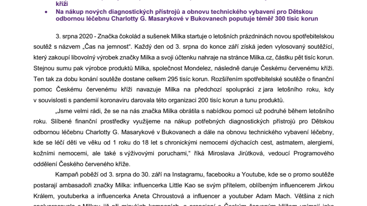 Milka podpoří dětskou léčebnu Českého červeného kříže v Bukovanech