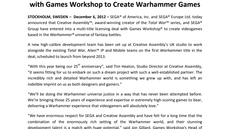 SEGA and Creative Assembly Announce Partnership with Games Workshop to Create Warhammer Games
