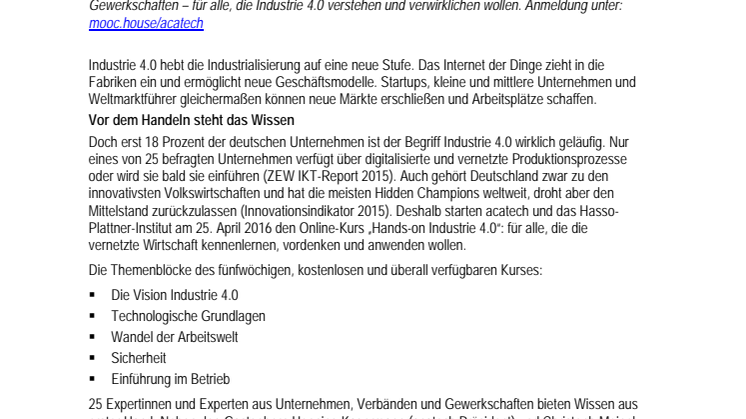 Online-Kurs „Hands-on Industrie 4.0“: Orientierungswissen aus erster Hand 