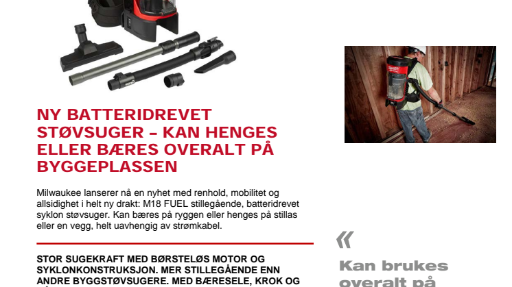 NY BATTERIDREVET STØVSUGER – KAN HENGES ELLER BÆRES OVERALT PÅ BYGGEPLASSEN
