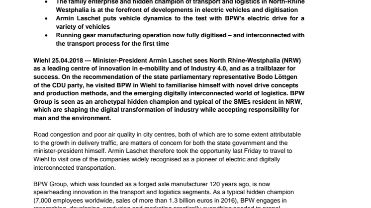Minister-President Armin Laschet visits BPW, a recognised role model for e-mobility and Industry 4.0 