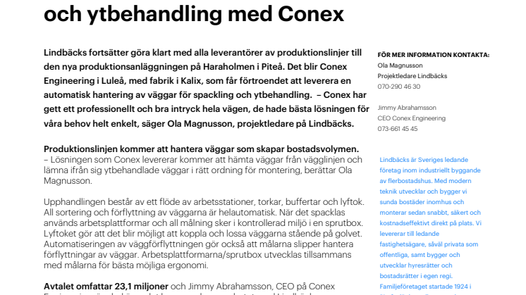 Lindbäcks tecknar avtal för väggspackling och ytbehandling med Conex