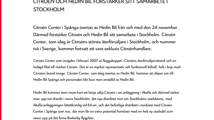 CITROËN OCH HEDIN BIL FÖRSTÄRKER SITT SAMARBETE I STOCKHOLM