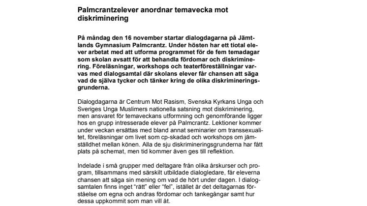 Palmcrantzelever anordnar temavecka mot diskriminering