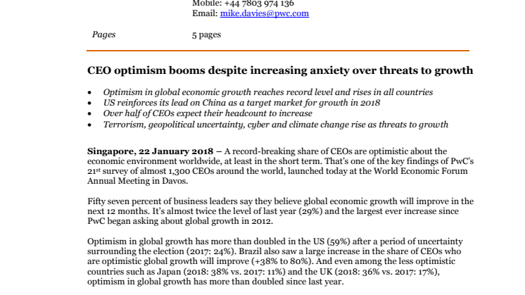CEO optimism booms despite increasing anxiety over threats to growth