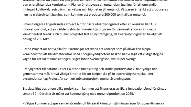 Energimyndigheten anslår ca 300 Mkr till Project Air