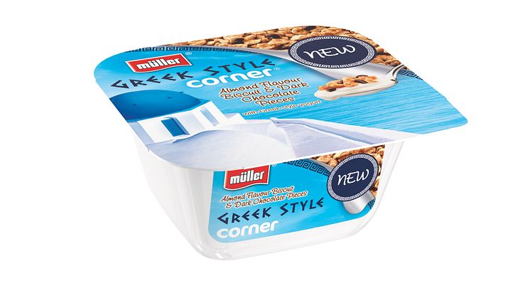 Müller’s first Greek Style Yogurt With a Crunchy Biscuit and Chocolate Corner