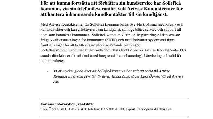 Artvise AB levererar kontaktcenterlösning till Sollefteå kommun!