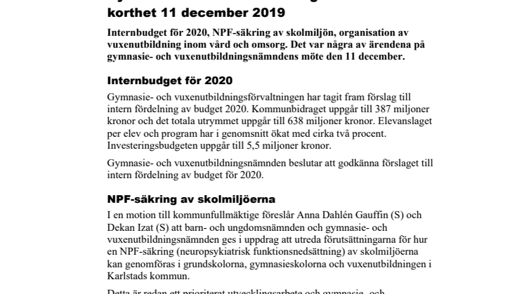 Gymnasie- och vuxenutbildningsnämnden i korthet 11 december