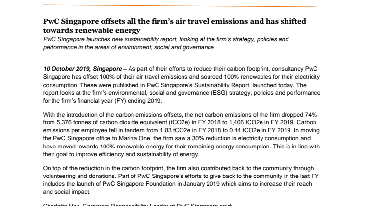 PwC Singapore offsets all the firm’s air travel emissions and has shifted towards renewable energy