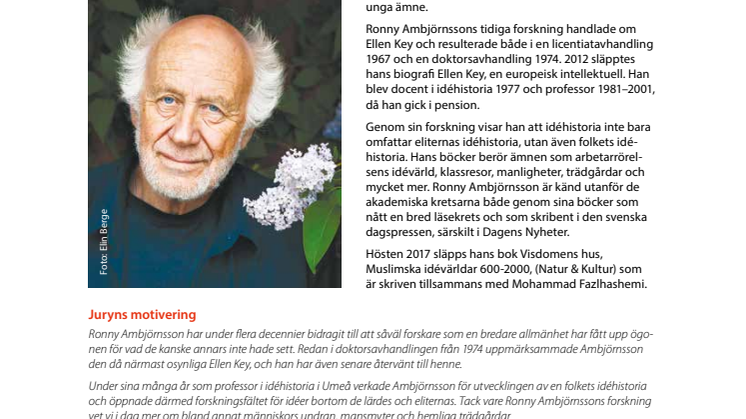 Stora historiepriset 2017 går till Ronny Ambjörnsson