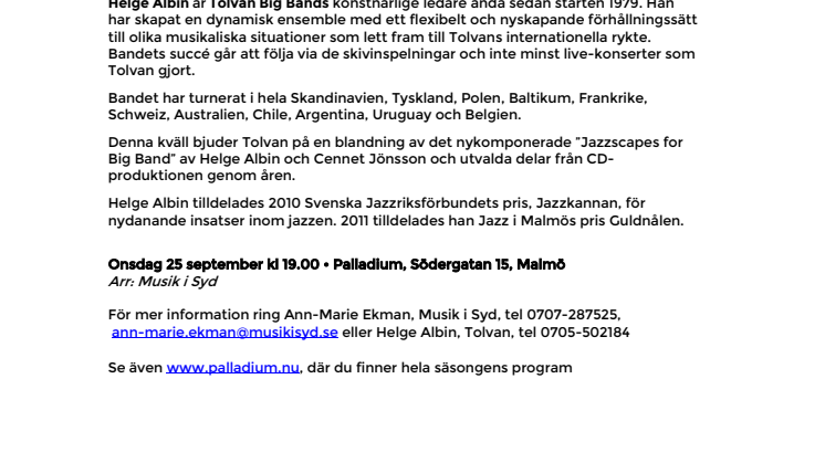 Tolvan Big Band firar 40 år på Palladium Malmö 25 september