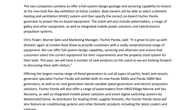 Fischer Panda UK and Dometic to Join Forces at London Boat Show