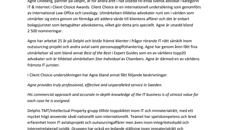 Agne Lindberg utsedd till bästa svenska IT-advokat i den internationella undersökningen  Client Choice Awards 2016