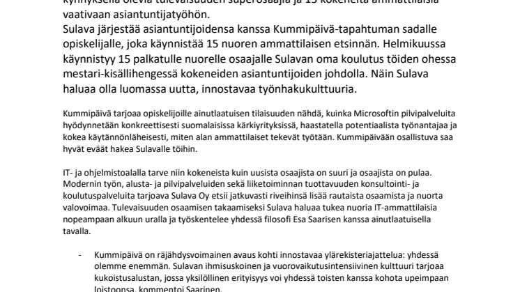 Filosofi Esa Saarinen virittää nuoria IT-ammattilaisia työuran alussa - Sulava Oy etsii riveihinsä 30 hyvää tyyppiä ja tarjoaa nuorille osaajille käytännönläheisen tilaisuuden tutustua tulevaan työnantajaan