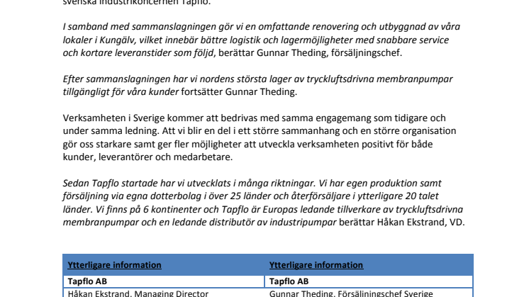 Nu går den svenska industrikoncernen Tapflo Group samman med Temag Pumpar.