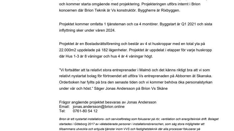 Brion utför Vs installationer för Skanska på bostadsprojektet Abborren 