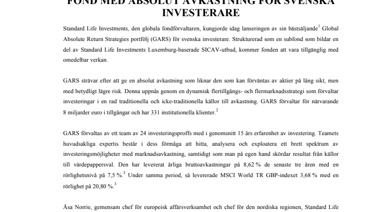 Standard Life Investments lanserar fond med absolut avkastning för svenska investerare