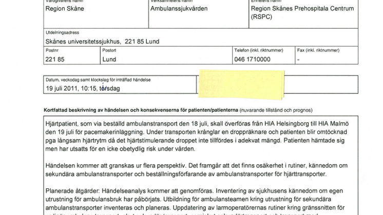 Lex Maria-anmälan ambulanstransport juli 2011