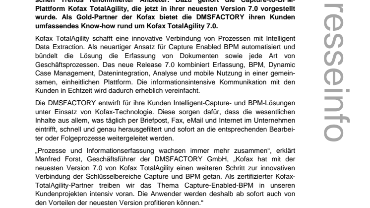 BPM-Lösungen der DMSFACTORY integrieren Kofax TotalAgility 7.0 