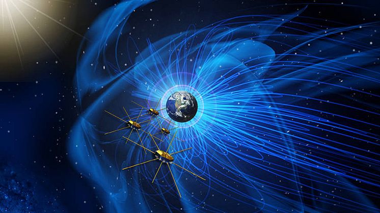 MMS-satelliterna flyger i formation i jordens magnetosfär (teckning: NASA) 