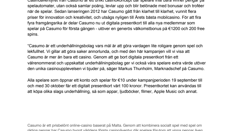 Casumo fyller fyra år - firar med digitala presentkort till nya spelare