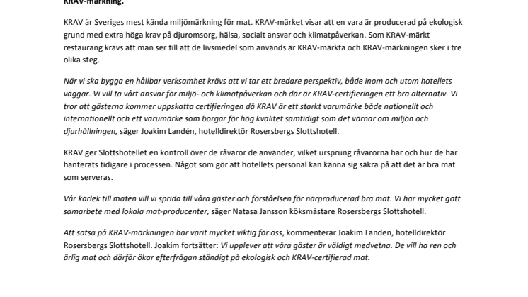 Rosersbergs Slottshotells restaurang är KRAV-märkt!