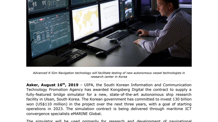Kongsberg Digital simulation and software selected to fast-track R&D at new autonomous ship centre in Korea 