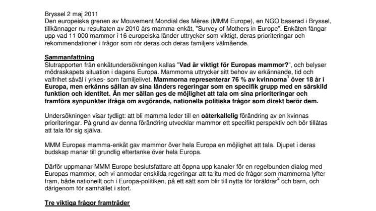 MMM:s pressmeddelande om resultaten av mamma-enkäten 2011, svenska