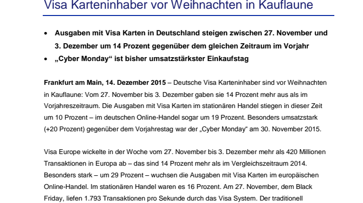 Visa Karteninhaber vor Weihnachten in Kauflaune