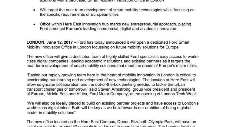 Ford åbner et nyt kontor i London, der fokuserer på mobilitetløsninger 