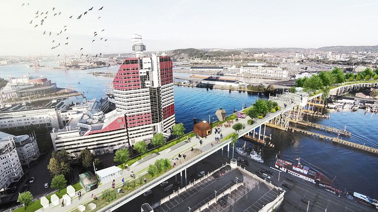 Framtidsvision för Götaälvbron med park, mötesplatser och paviljonger 
