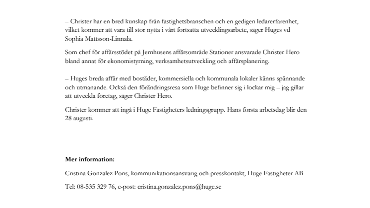 Christer Hero ny ekonomichef på Huge Fastigheter