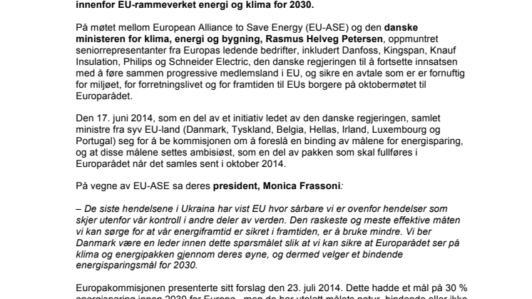 Bedriftsledere ber den danske regjeringen være i ledelsen med høyere ambisjoner innen energisparing foran oktobermøtet i Europarådet