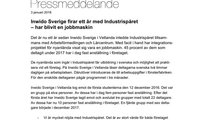 Inwido Sverige firar ett år med Industrispåret - har blivit en jobbmaskin