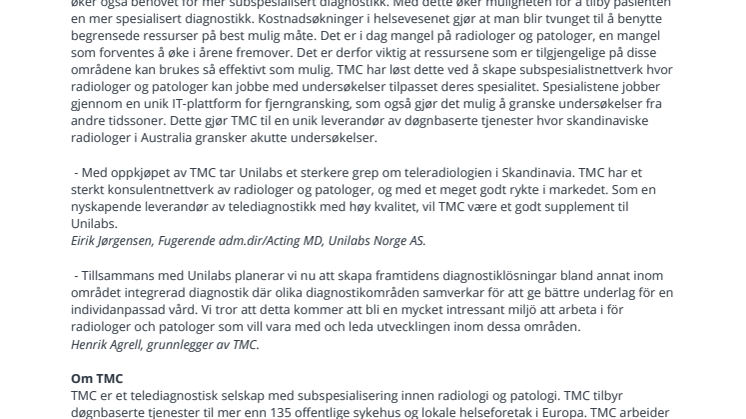 UNILABS KJØPER TELEMEDICINE CLINIC, TMC