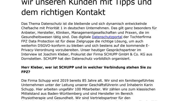 FPZ Interview mit Joachim Kleber von SCHUPP: "Beim Thema Datenschutz helfen wir unseren Kunden mit Tipps und dem richtigen Kontakt"