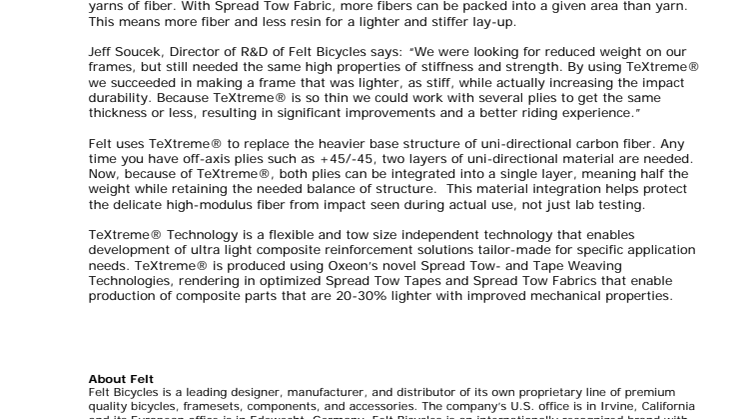 Felt Bicycles releases TeXtreme® frame