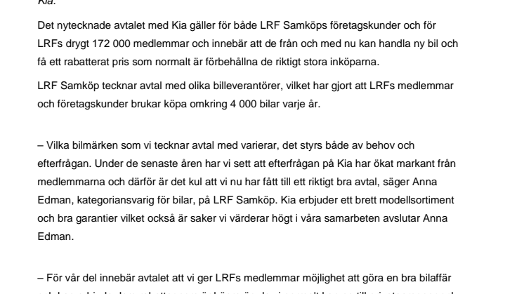 Kia och LRF Samköp tecknar avtal