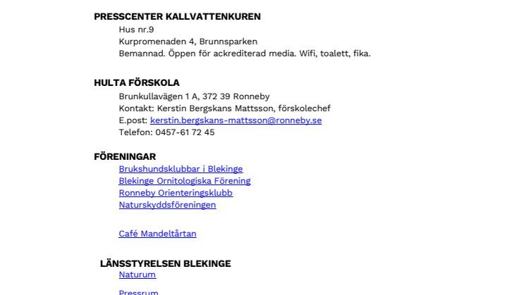 Övrig pressinfo - kontaktuppgifter med länkar