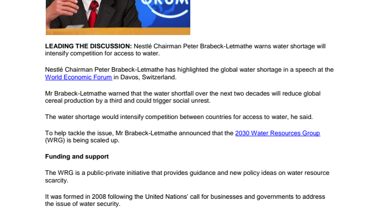 Nestlé highlights global water shortfall at World Economic Forum January 26, 2012