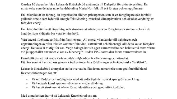 Leksands Knäckebröd – En Dalapilot för grön utveckling
