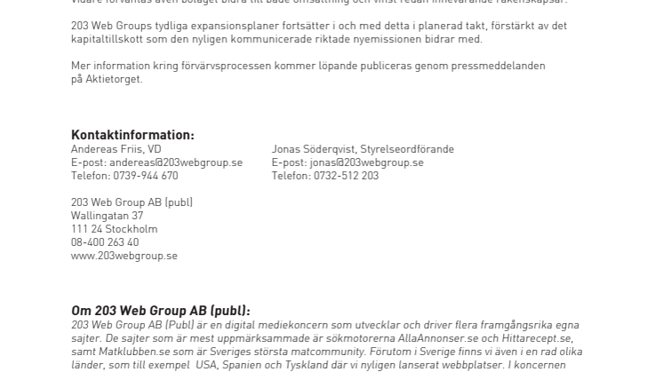 203 Web Group tecknar avsiktförklaring om förvärv av strategisk webbyrå