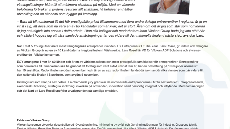Lars Rosell, VD Vilokan ADF Solutions är nominerad till årets entreprenör…