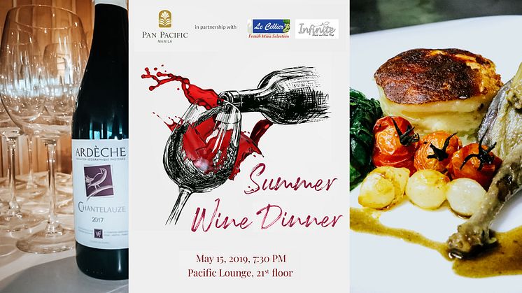 In Photo(L-R): Ardèche Rouge Chantelauze 2017, Event Poster, and Confit of “Pigeon”, Gratin Dauphinois, Wilted Kale Glazed Pearl onions and Baby Tomato, Petit Jus